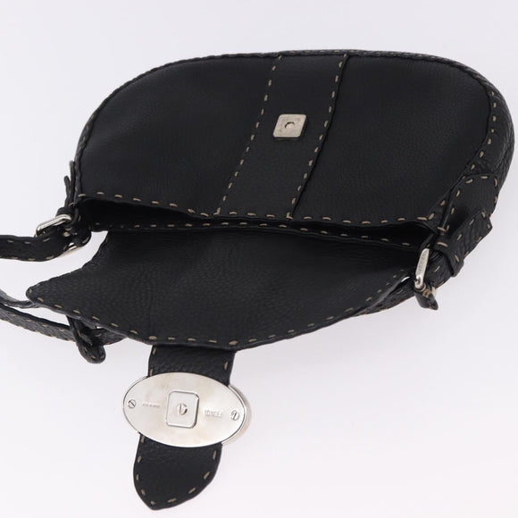 FENDI Shoulder Bag Leather Black Silver Auth 192479A