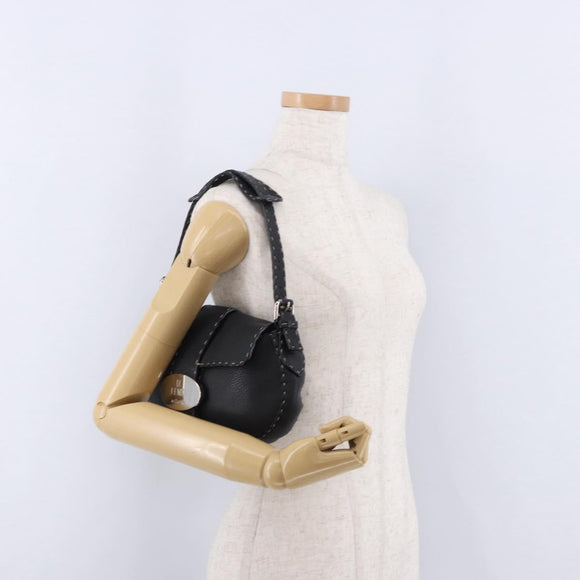 FENDI Shoulder Bag Leather Black Silver Auth 192479A