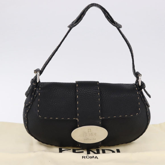 FENDI Shoulder Bag Leather Black Silver Auth 192479A