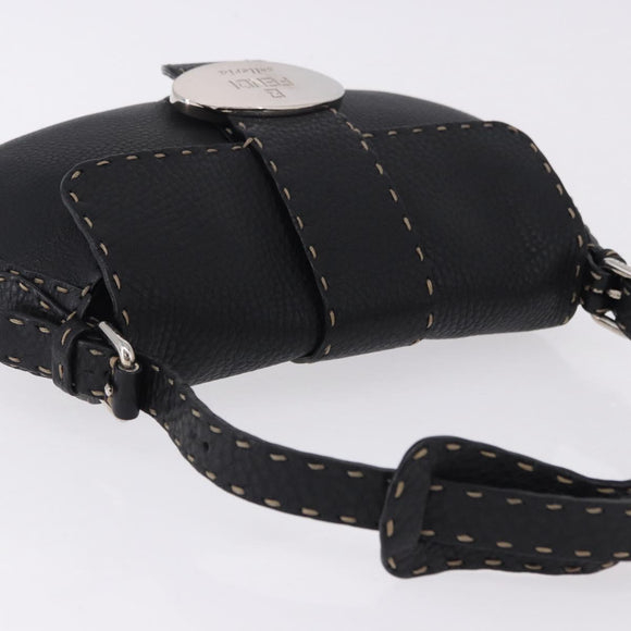 FENDI Shoulder Bag Leather Black Silver Auth 192479A