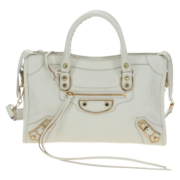BALENCIAGA Classic Metallic Edge City Bag Leather 2way White 432831 Auth 192488M