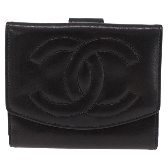 CHANEL Trifold Wallet Lamb Skin Black Gold CC Auth 192521V