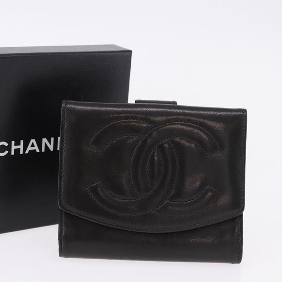 CHANEL Trifold Wallet Lamb Skin Black Gold CC Auth 192521V