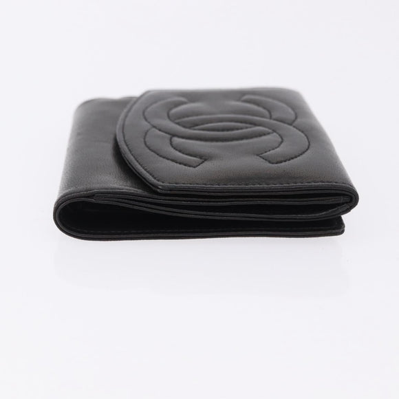 CHANEL Trifold Wallet Lamb Skin Black Gold CC Auth 192521V