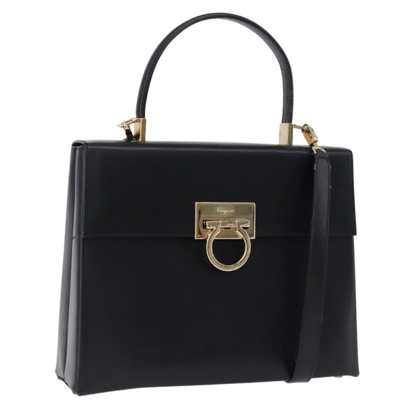 Salvatore Ferragamo Gancini Hand Bag Leather 2way Black Gold Auth 192528A