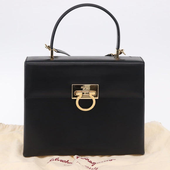 Salvatore Ferragamo Gancini Hand Bag Leather 2way Black Gold Auth 192528A
