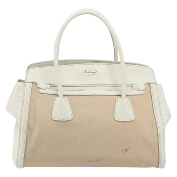 PRADA Hand Bag Canvas Beige Gold Auth 192530A