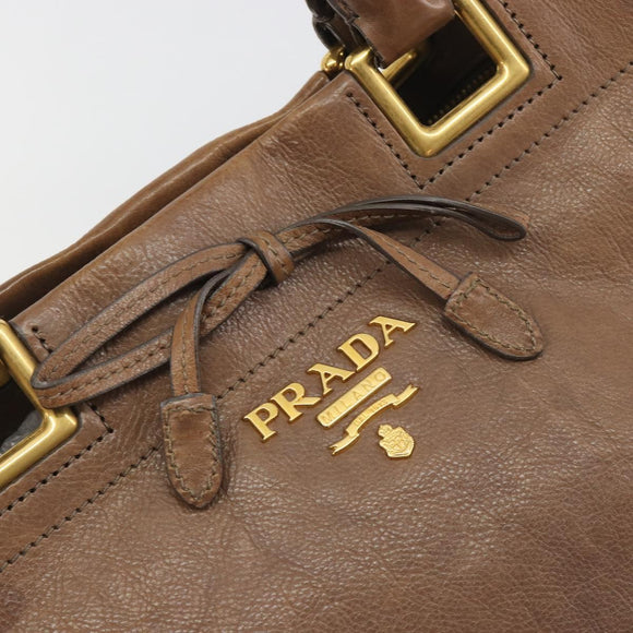 PRADA Hand Bag Leather Brown Gold Auth 192531