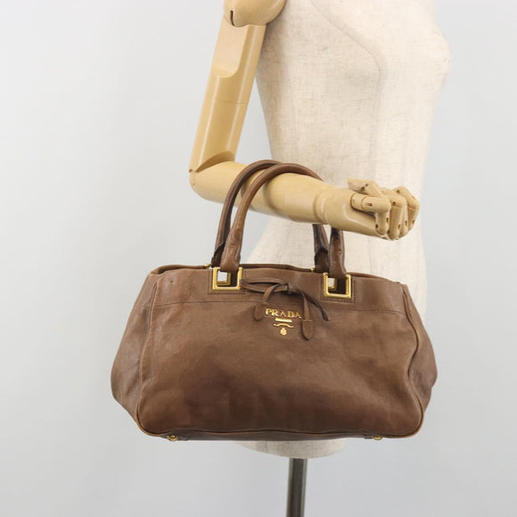 PRADA Hand Bag Leather Brown Gold Auth 192531