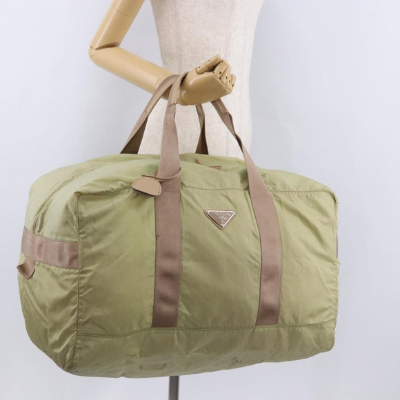 PRADA Boston Bag Nylon Khaki Silver Auth 192536