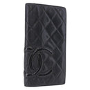 CHANEL Cambon Line Long Wallet Lamb Skin Black CC Auth 192549-1