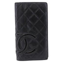 CHANEL Cambon Line Long Wallet Lamb Skin Black CC Auth 192549-2