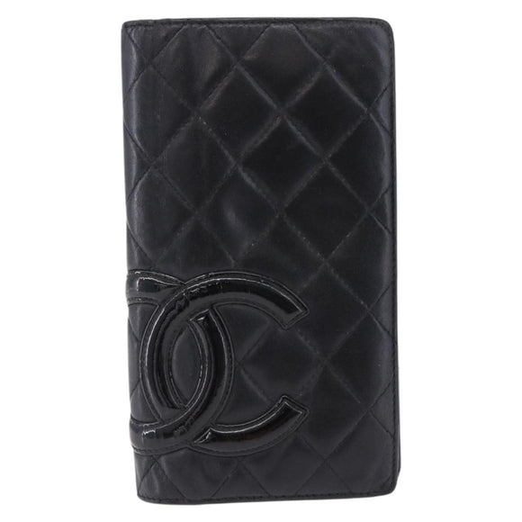 CHANEL Cambon Line Long Wallet Lamb Skin Black CC Auth 192549