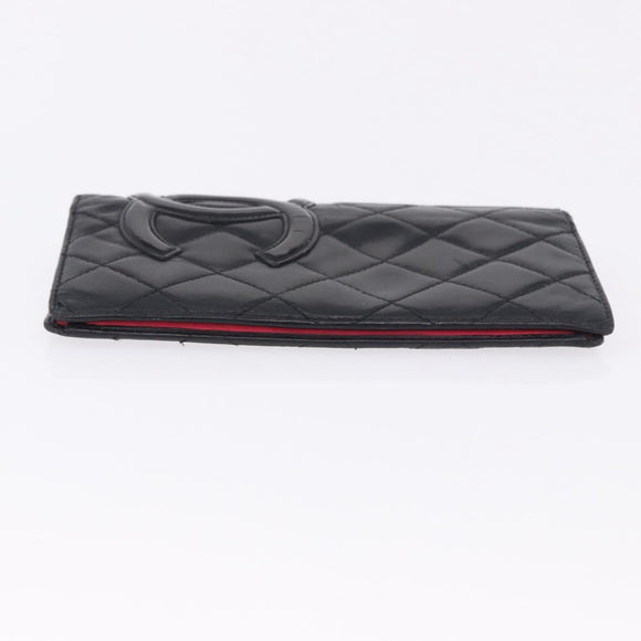 CHANEL Cambon Line Long Wallet Lamb Skin Black CC Auth 192549