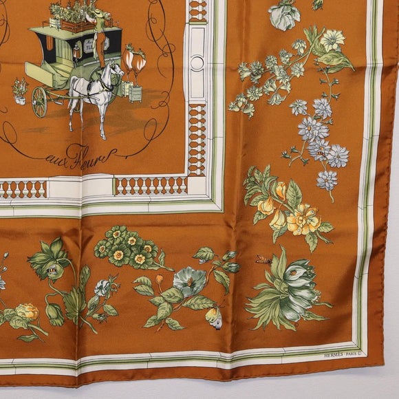HERMES Carre 90 Scarf ”Quai Aux Fleurs” Silk Brown Auth 192550