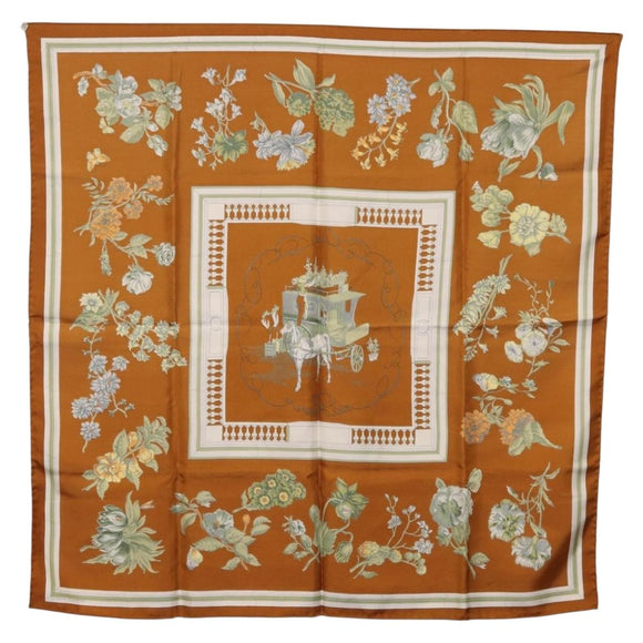 HERMES Carre 90 Scarf ”Quai Aux Fleurs” Silk Brown Auth 192550