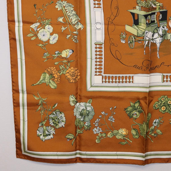 HERMES Carre 90 Scarf ”Quai Aux Fleurs” Silk Brown Auth 192550