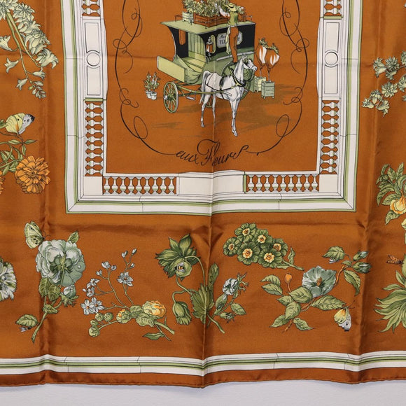 HERMES Carre 90 Scarf ”Quai Aux Fleurs” Silk Brown Auth 192550