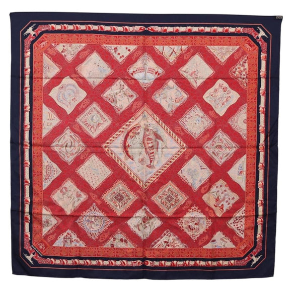 HERMES Carre 90 Scarf ”MARE NOSTRUM” Silk Red Navy Auth 192551