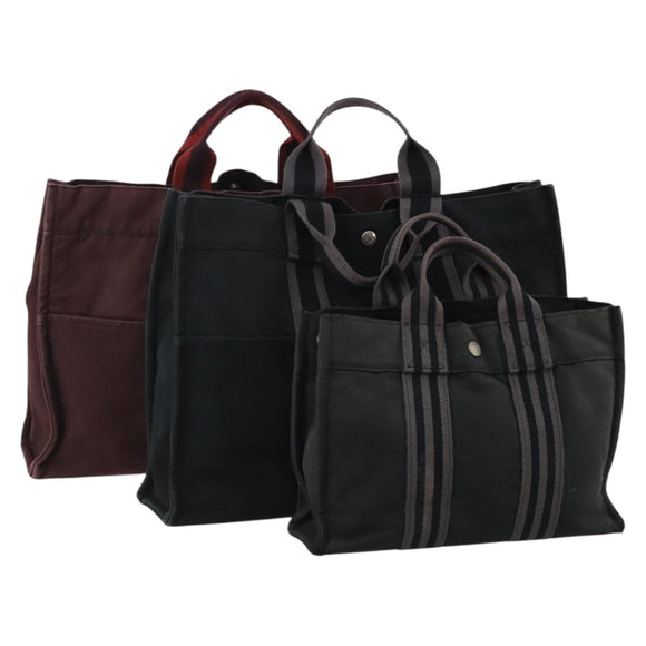 HERMES Fourre Tout Hand Bag cotton 3 Set Black Red Auth 192553