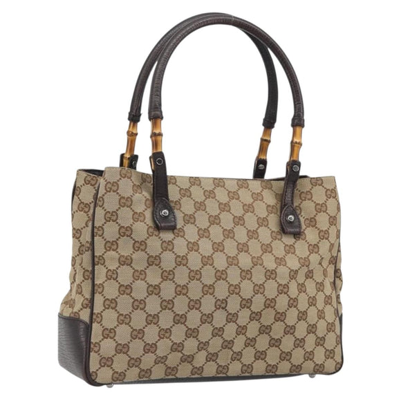 GUCCI GG Canvas Bamboo Hand Bag Beige Silver 112526 Auth 192617A