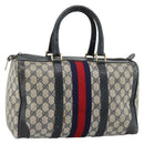 GUCCI GG Supreme Sherry Line Boston Bag PVC Navy Gold Auth 192619-1