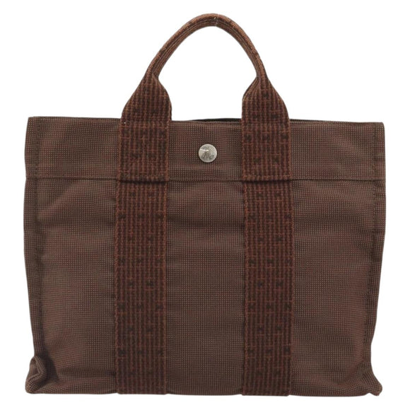 HERMES Her Line PM Hand Bag Canvas Brown Silver Auth 192649A