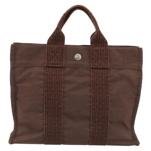 HERMES Her Line PM Hand Bag Canvas Brown Silver Auth 192649A
