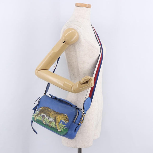 GUCCI Tiger Pattern Hand Bag Leather 2way Blue Gold 453565 Auth 192658A