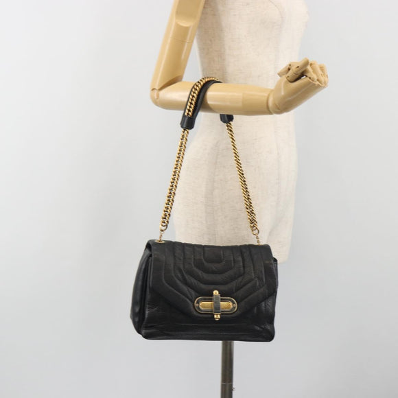 BALLY Chain Shoulder Bag Leather Black Gold Auth 192659A