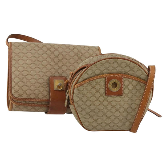 CELINE Macadam Canvas Shoulder Bag PVC Leather 2 Set Beige Auth 192660