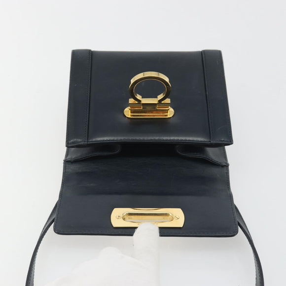 Salvatore Ferragamo Gancini Shoulder Bag Leather Navy Gold Auth 192665