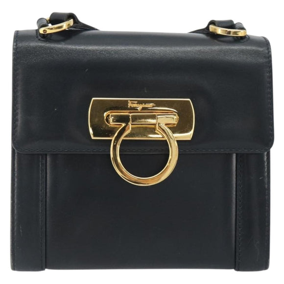 Salvatore Ferragamo Gancini Shoulder Bag Leather Navy Gold Auth 192665