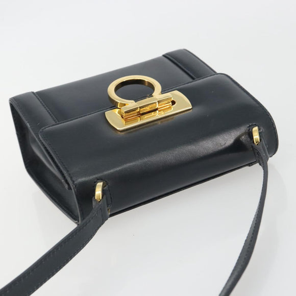 Salvatore Ferragamo Gancini Shoulder Bag Leather Navy Gold Auth 192665