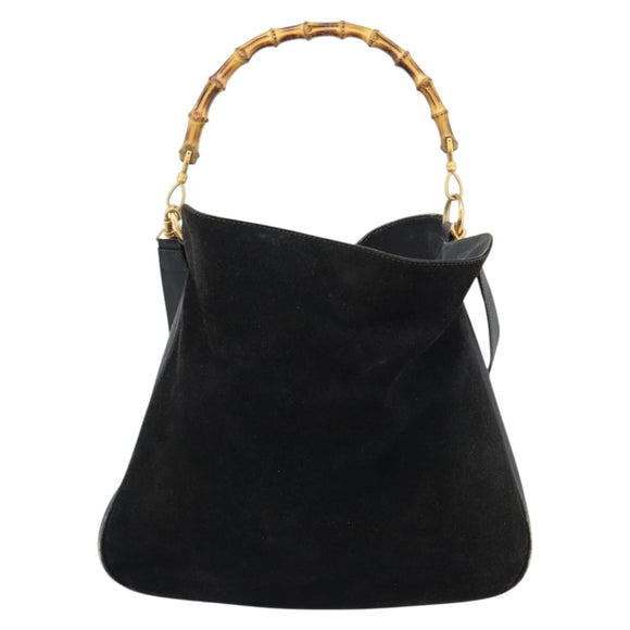 GUCCI Bamboo Shoulder Bag Suede 2way Black Gold 001 1577 Auth 192682