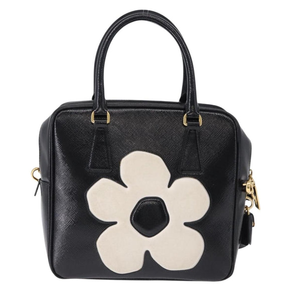 PRADA Hand Bag Saffiano leather 2way Black Gold Tone Auth 192692A