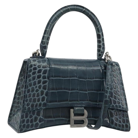 BALENCIAGA Hour Hand Bag Leather 2way Navy Silver 593546 Auth 192706M