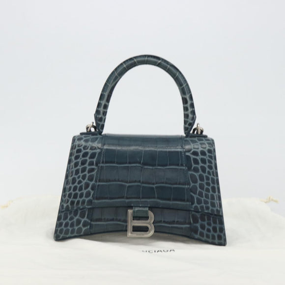 BALENCIAGA Hour Hand Bag Leather 2way Navy Silver 593546 Auth 192706M