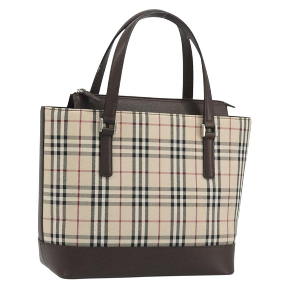 BURBERRY Nova Check Hand Bag Canvas Beige Silver Auth 192719V