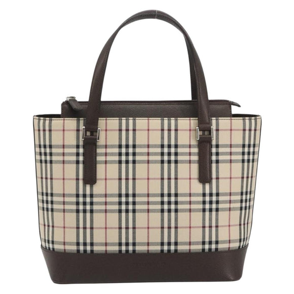 BURBERRY Nova Check Hand Bag Canvas Beige Silver Auth 192719V