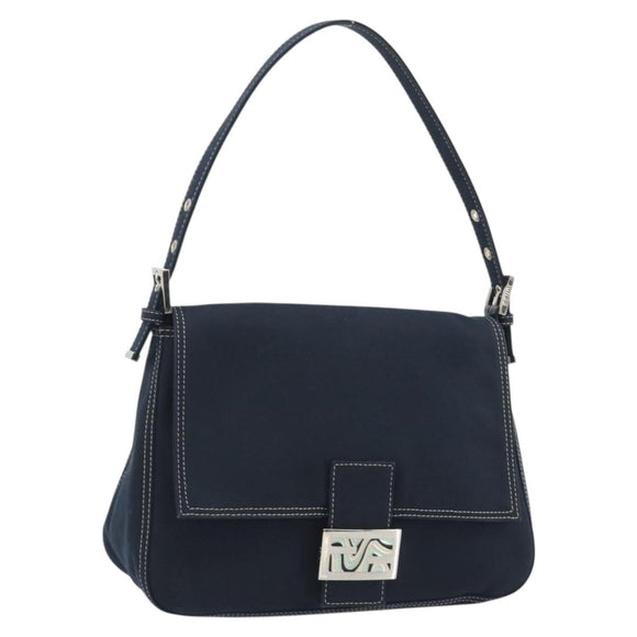 FENDI Mamma Baguette Shoulder Bag Canvas Navy Silver Auth 192731SV