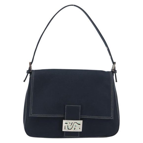 FENDI Mamma Baguette Shoulder Bag Canvas Navy Silver Auth 192731SV