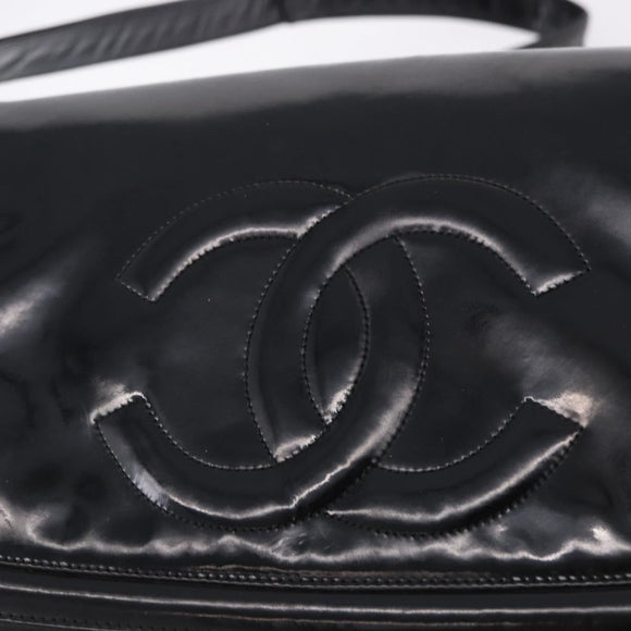 CHANEL Shoulder Bag Patent Black CC Auth 192734