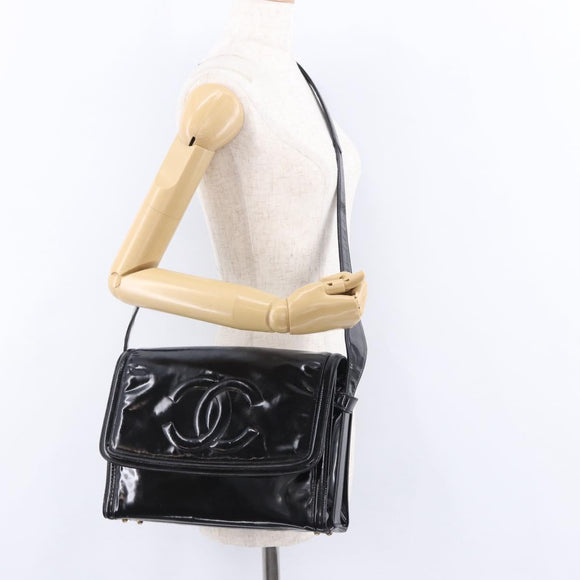 CHANEL Shoulder Bag Patent Black CC Auth 192734