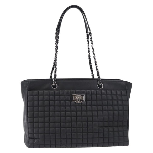 CHANEL Choco Bar Chain Shoulder Bag Lamb Skin Black Silver CC Auth 192736V