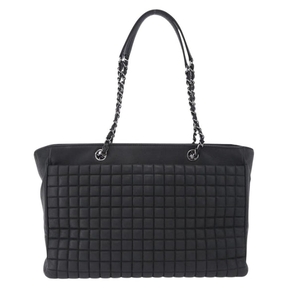 CHANEL Choco Bar Chain Shoulder Bag Lamb Skin Black Silver CC Auth 192736V