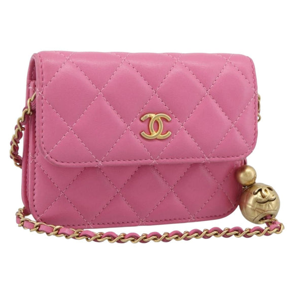 CHANEL Matelasse Chain Shoulder Bag Lamb Skin Pink Gold Tone CC Auth 192738M