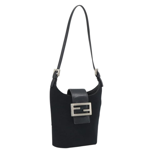 FENDI Mamma Baguette Hand Bag Cotton Black Silver Auth 192758A