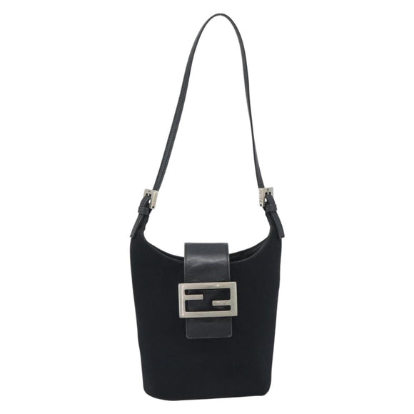 FENDI Mamma Baguette Hand Bag Cotton Black Silver Auth 192758A