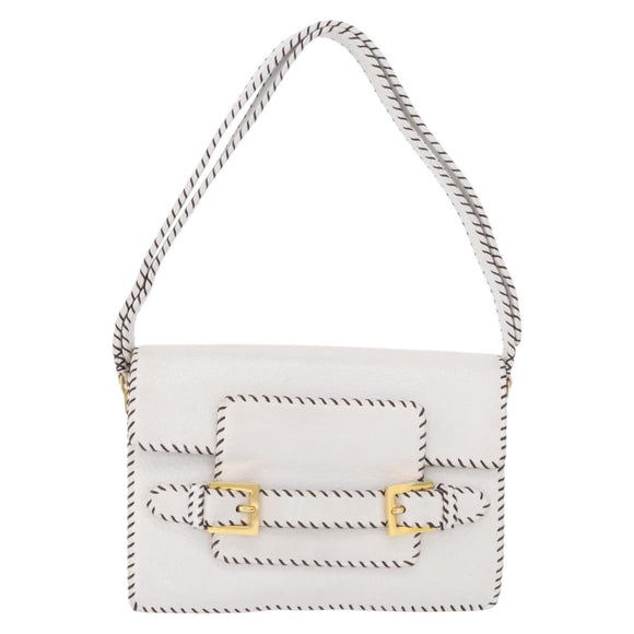FENDI Shoulder Bag Leather White Gold Tone Auth 192766V